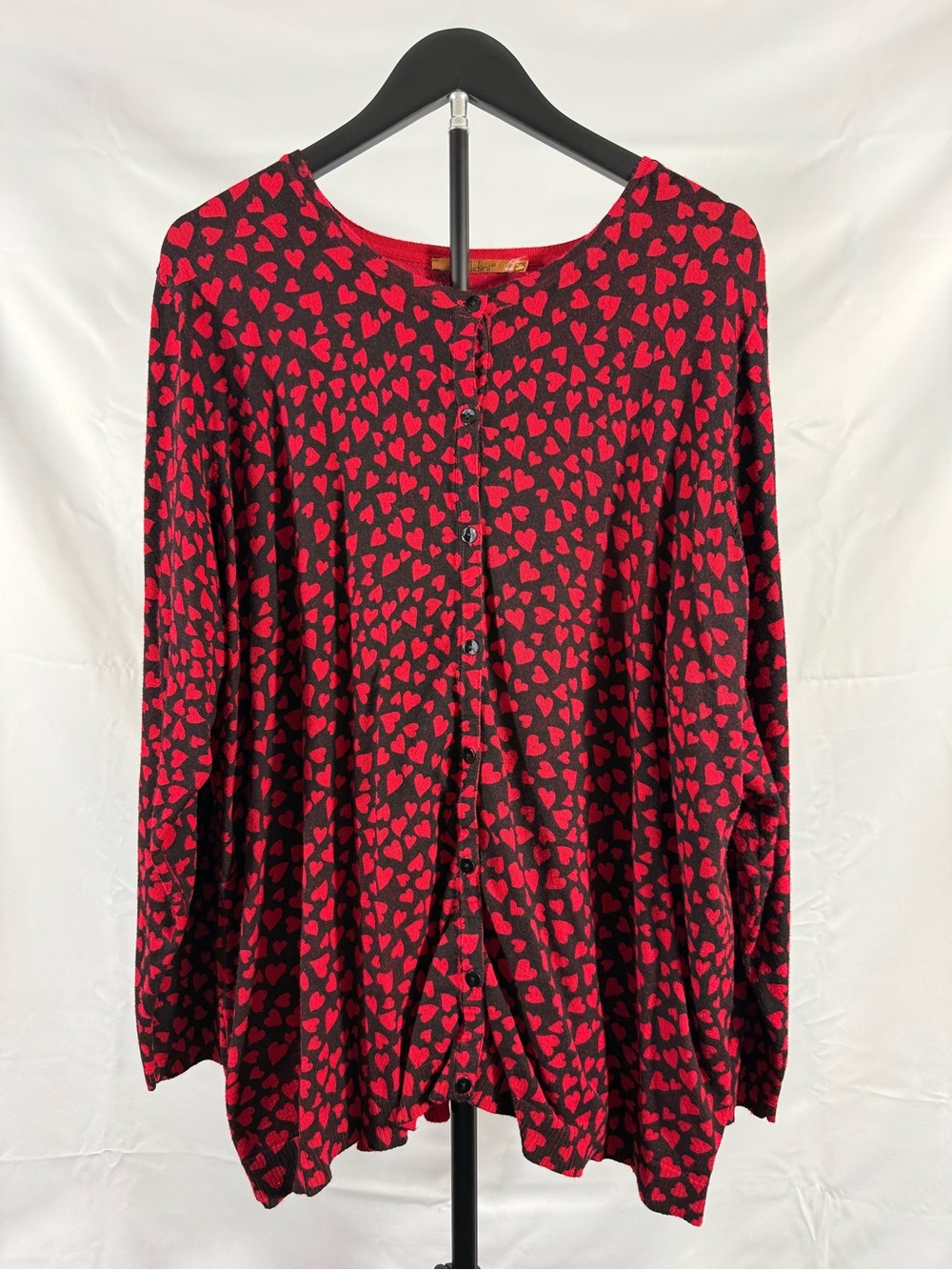 Belldini Heart Print Button Front Cardigan Sweater 2X Red Black Valentine’s